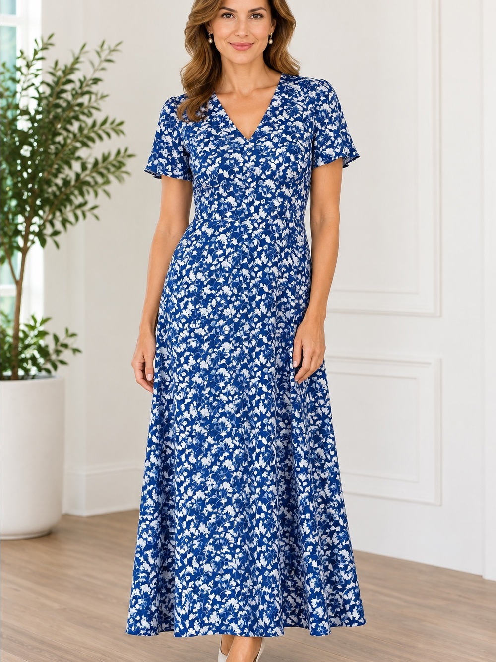 Morgan Taylor Blue and White Floral V-Neck Maxi Dress